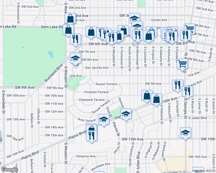map of restaurants, bars, coffee shops, grocery stores, and more near 1004 Sunset Terrace in Amarillo