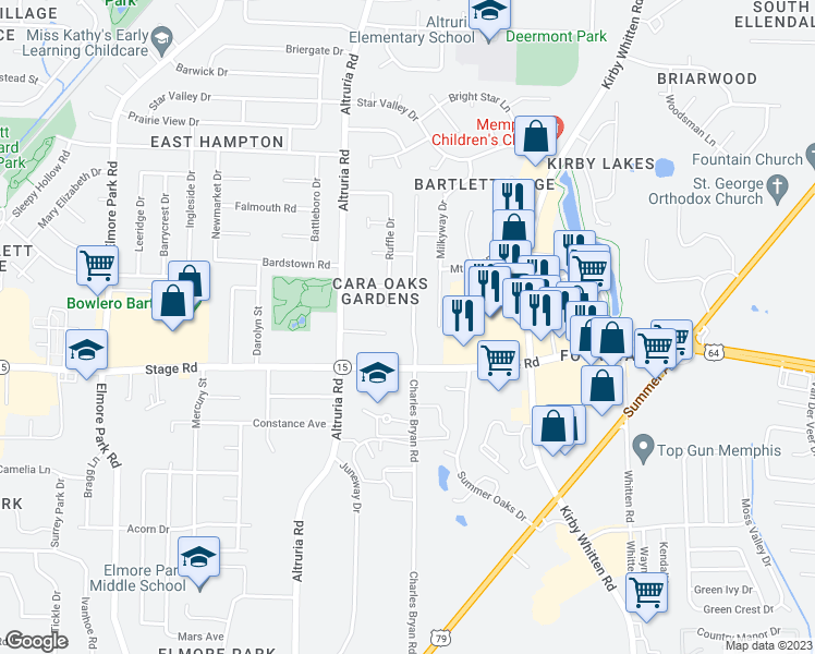 map of restaurants, bars, coffee shops, grocery stores, and more near 2945 Charles Bryan Road in Bartlett