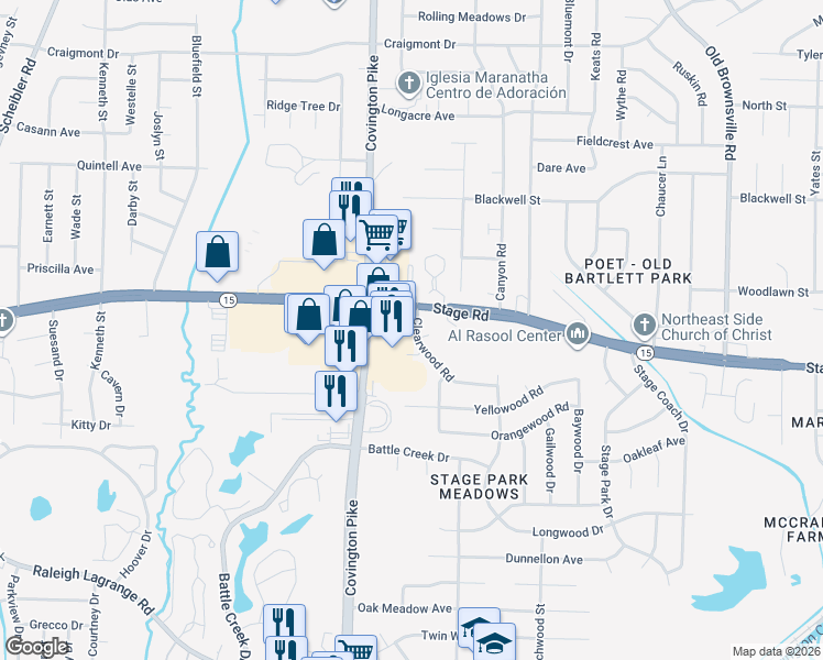 map of restaurants, bars, coffee shops, grocery stores, and more near 2964 Covington Pike in Memphis