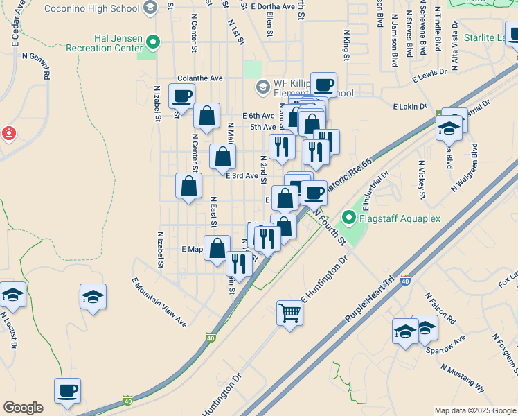 map of restaurants, bars, coffee shops, grocery stores, and more near 2206 East 2nd Avenue in Flagstaff