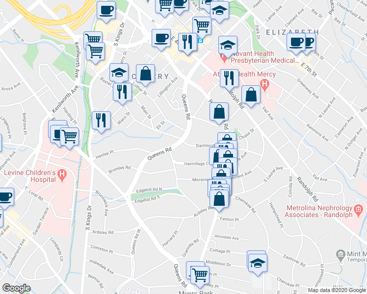 map of restaurants, bars, coffee shops, grocery stores, and more near 609 Queens Road in Charlotte