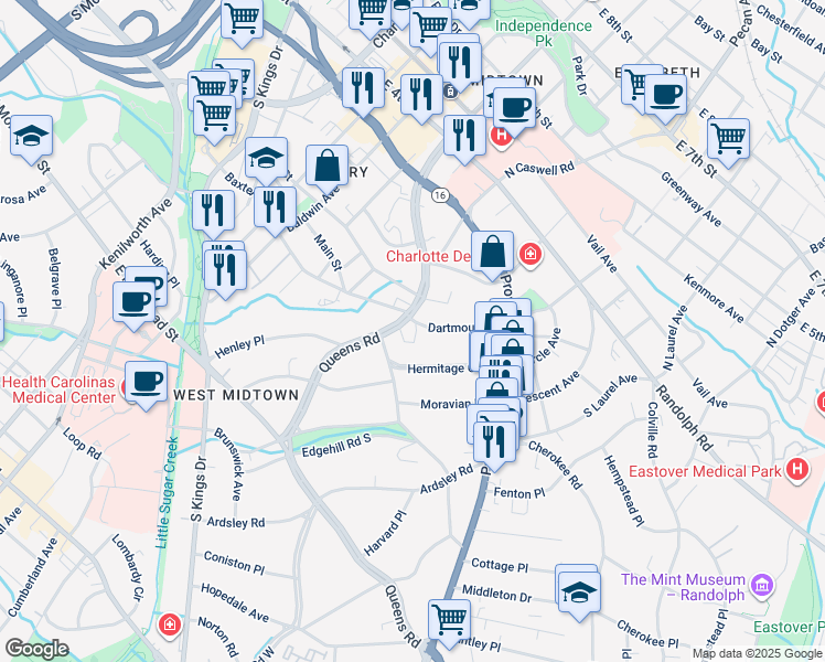 map of restaurants, bars, coffee shops, grocery stores, and more near 609 Queens Road in Charlotte