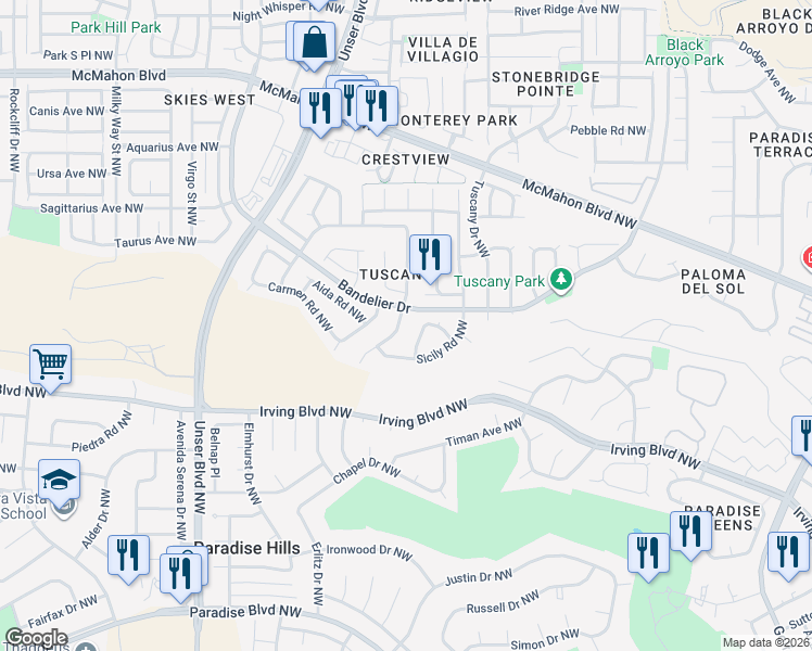 map of restaurants, bars, coffee shops, grocery stores, and more near 10444 Napoli Street Northwest in Albuquerque