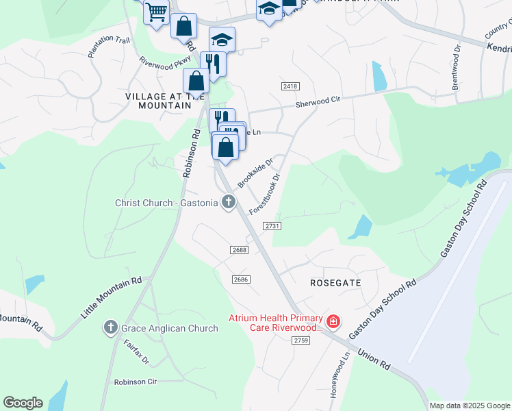 map of restaurants, bars, coffee shops, grocery stores, and more near 710 Forestbrook Drive in Gastonia