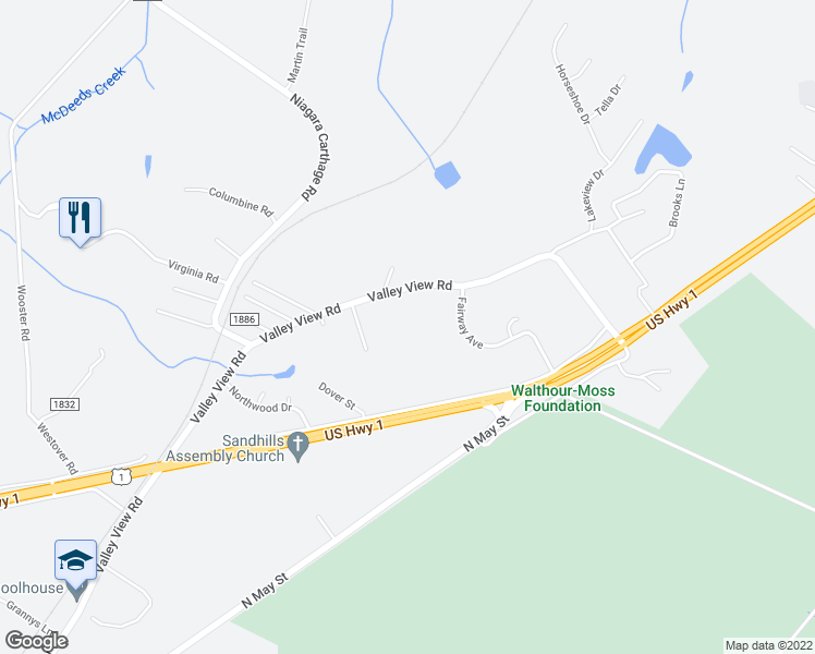 map of restaurants, bars, coffee shops, grocery stores, and more near 1325 Valley View Road in Southern Pines