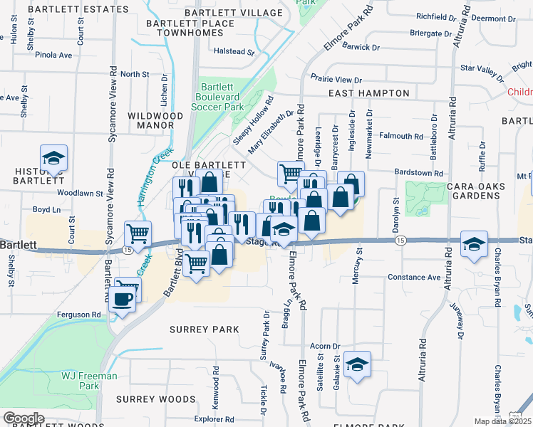 map of restaurants, bars, coffee shops, grocery stores, and more near 6130 Bartlett View Lane in Memphis