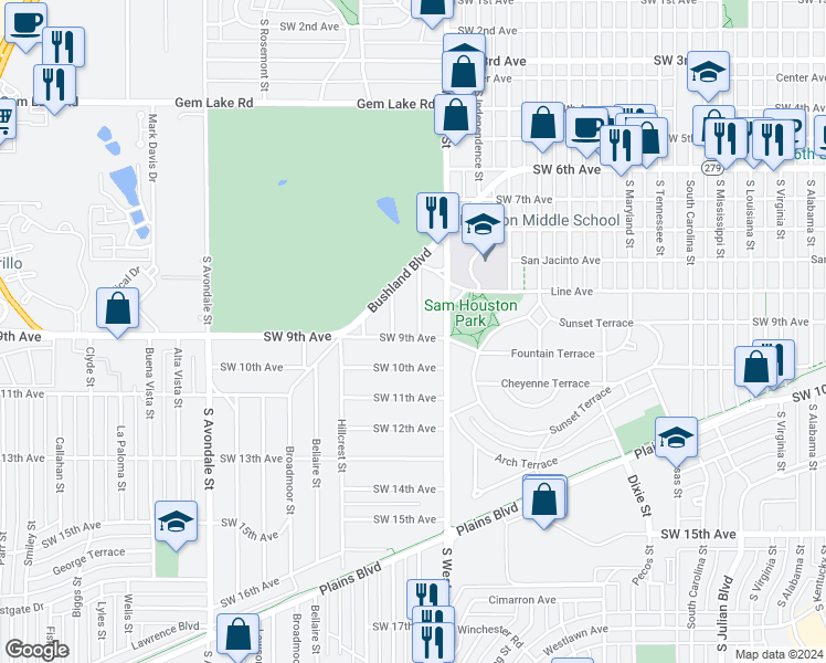 map of restaurants, bars, coffee shops, grocery stores, and more near 820 South Palo Duro Street in Amarillo