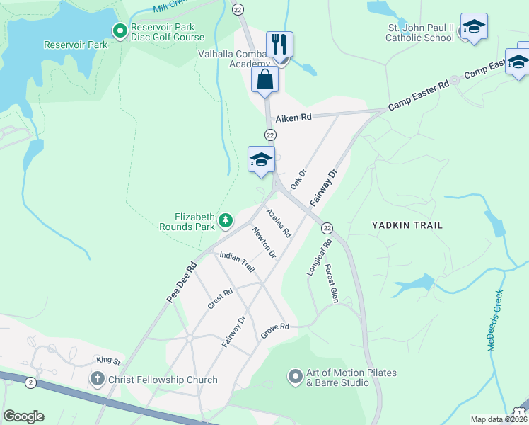 map of restaurants, bars, coffee shops, grocery stores, and more near 395 Azalea Road in Southern Pines