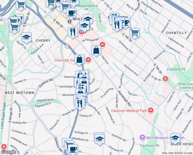 map of restaurants, bars, coffee shops, grocery stores, and more near 2100 Crescent Avenue in Charlotte