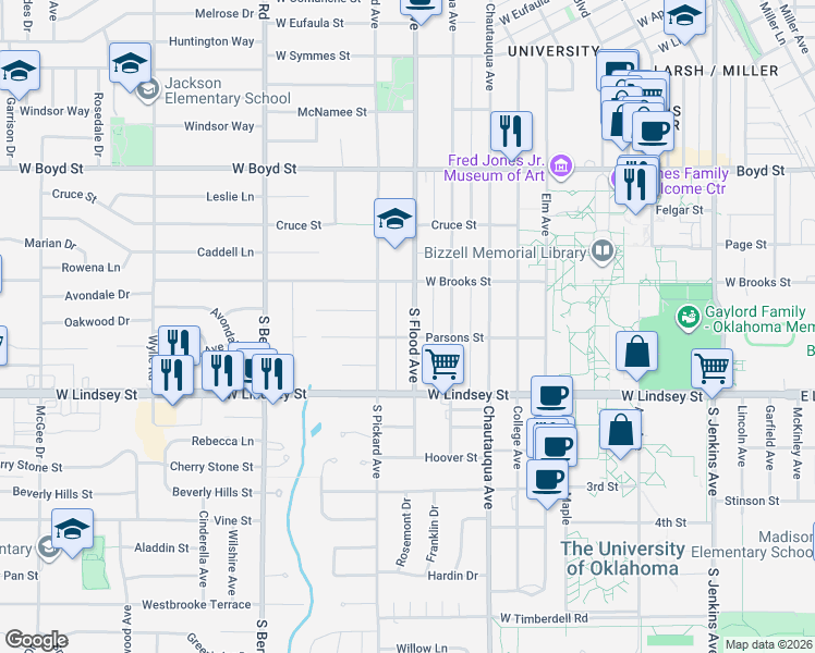 map of restaurants, bars, coffee shops, grocery stores, and more near 826 South Flood Avenue in Norman