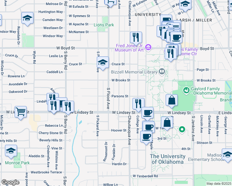map of restaurants, bars, coffee shops, grocery stores, and more near 828 South Lahoma Avenue in Norman