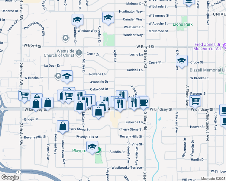 map of restaurants, bars, coffee shops, grocery stores, and more near 1502 Oakwood Drive in Norman
