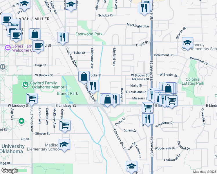 map of restaurants, bars, coffee shops, grocery stores, and more near 1918 Cherokee Lane in Norman