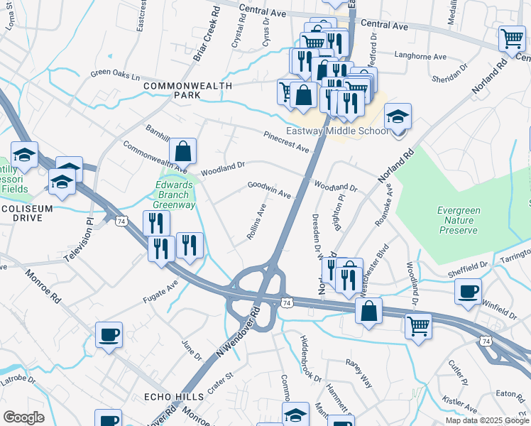 map of restaurants, bars, coffee shops, grocery stores, and more near 1326 Rollins Avenue in Charlotte