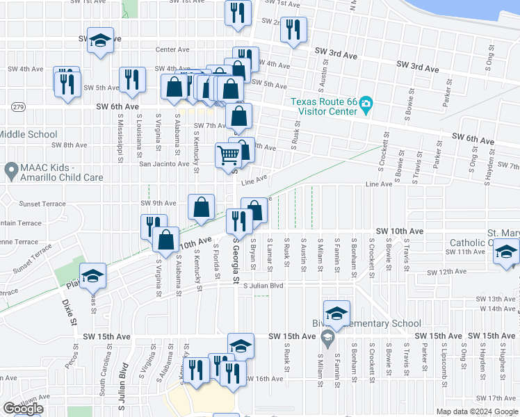 map of restaurants, bars, coffee shops, grocery stores, and more near 917 South Bryan Street in Amarillo
