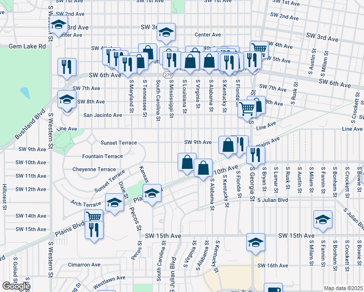 map of restaurants, bars, coffee shops, grocery stores, and more near 834 South Louisiana Street in Amarillo