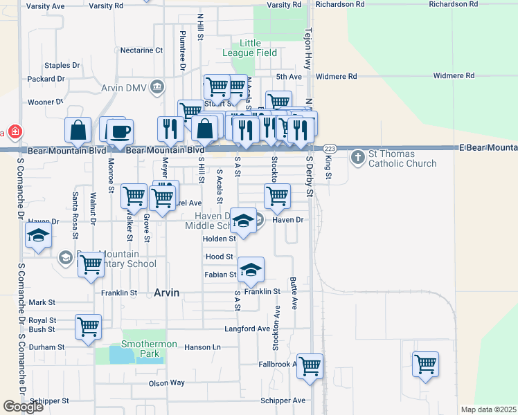 map of restaurants, bars, coffee shops, grocery stores, and more near 316 Laurel Avenue in Arvin