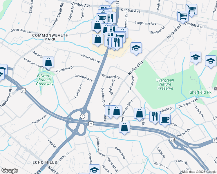 map of restaurants, bars, coffee shops, grocery stores, and more near 1126 Dresden Drive West in Charlotte