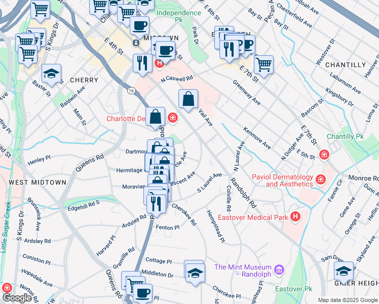 map of restaurants, bars, coffee shops, grocery stores, and more near 2100 Crescent Avenue in Charlotte