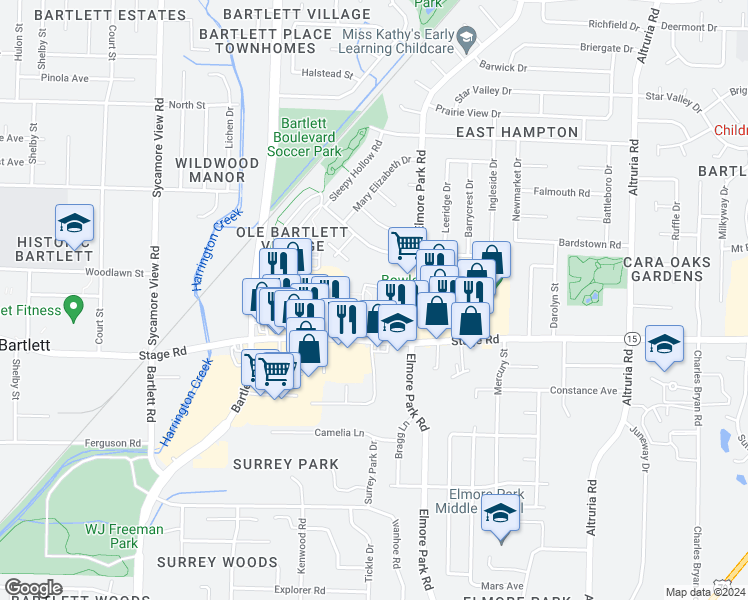 map of restaurants, bars, coffee shops, grocery stores, and more near 6130 Bartlett View Lane in Memphis