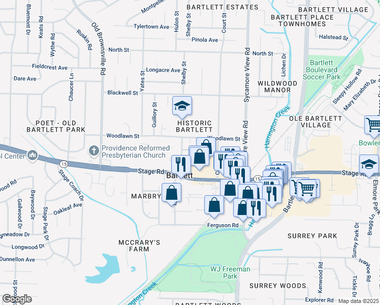 map of restaurants, bars, coffee shops, grocery stores, and more near 5727 Woodlawn Street in Bartlett