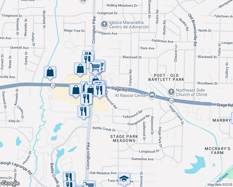 map of restaurants, bars, coffee shops, grocery stores, and more near 5139 Stage Road in Memphis