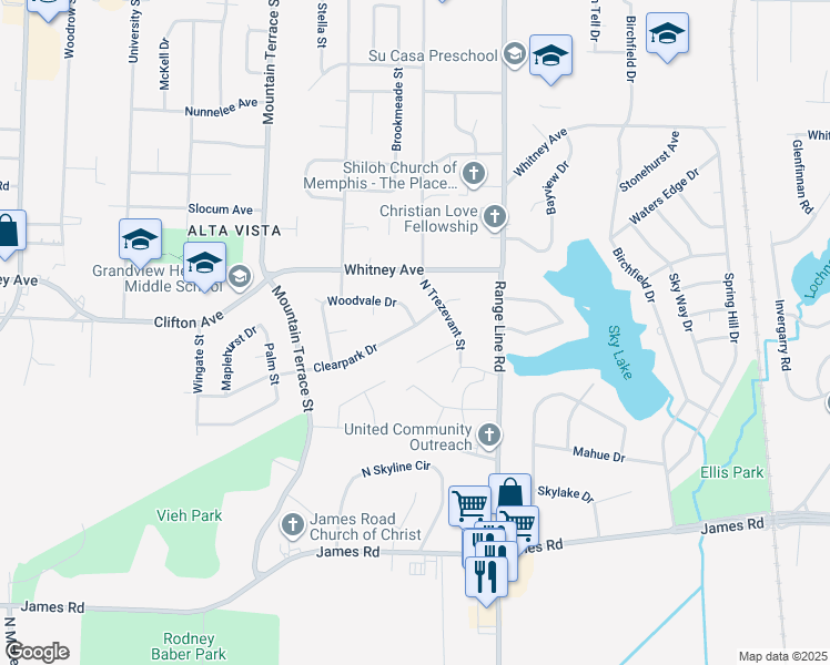 map of restaurants, bars, coffee shops, grocery stores, and more near 2548 Clearpark Drive in Memphis
