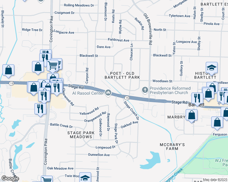 map of restaurants, bars, coffee shops, grocery stores, and more near 5334 Stage Road in Memphis