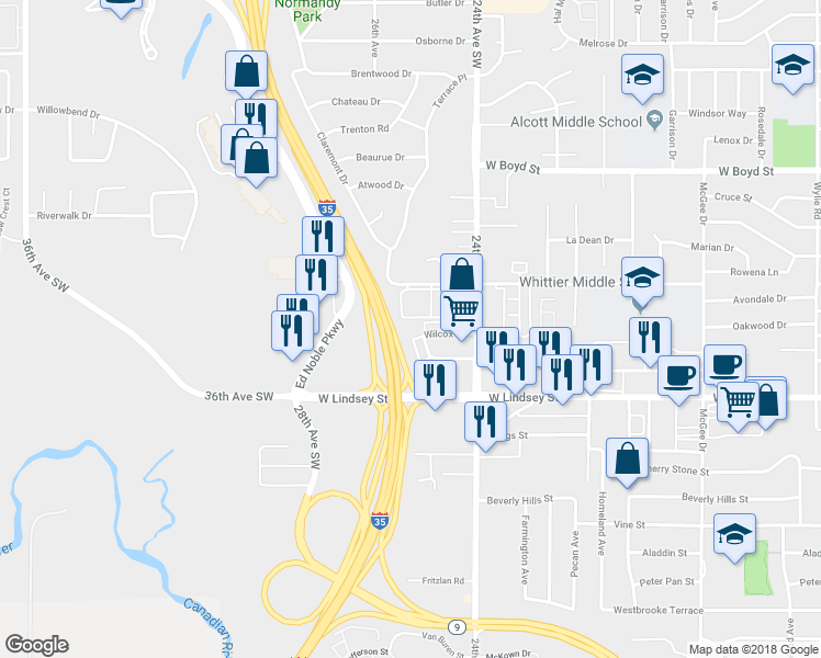 map of restaurants, bars, coffee shops, grocery stores, and more near 2457 Wilcox Drive in Norman