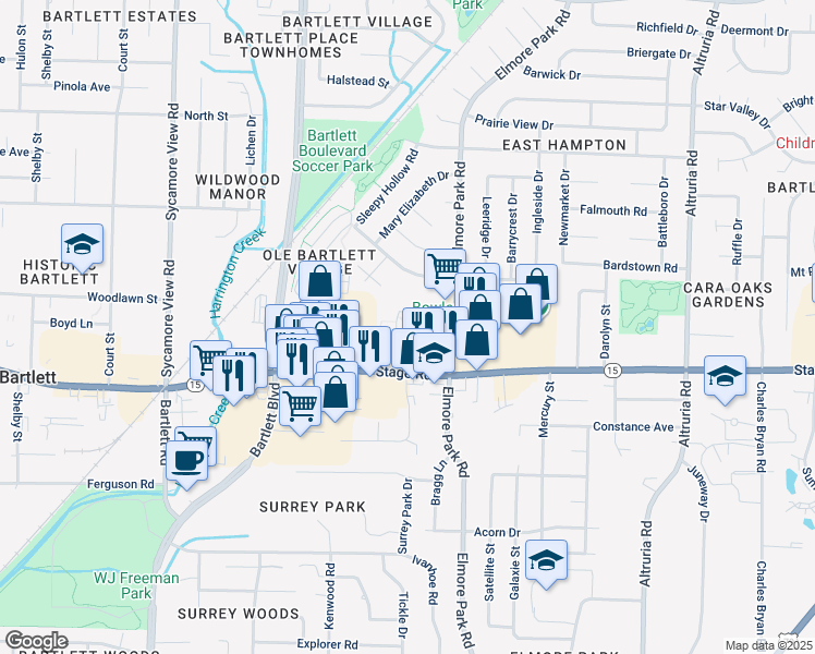 map of restaurants, bars, coffee shops, grocery stores, and more near 6130 Bartlett View Lane in Memphis