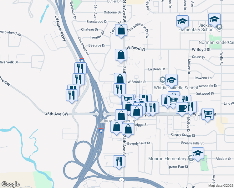 map of restaurants, bars, coffee shops, grocery stores, and more near 2417 Wilcox Drive in Norman