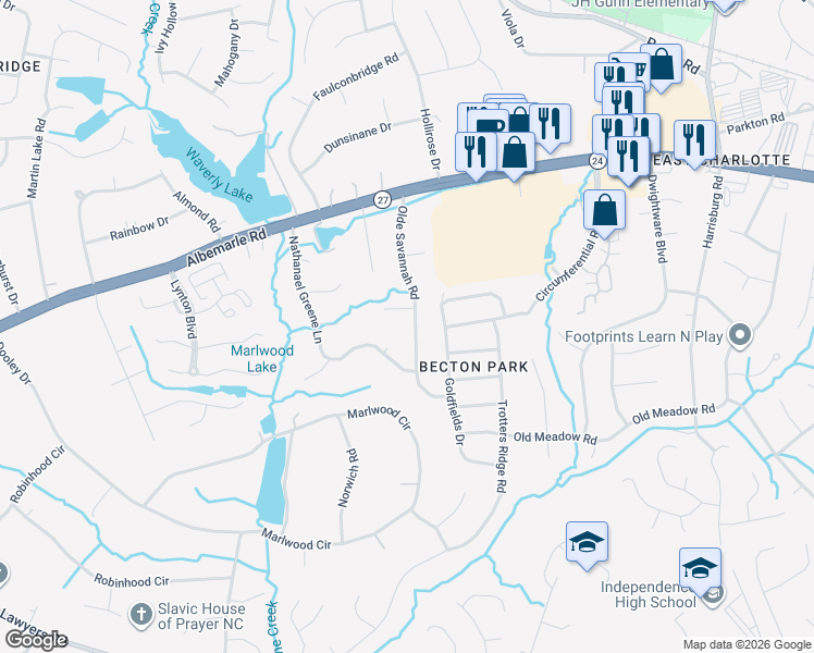map of restaurants, bars, coffee shops, grocery stores, and more near 6646 Olde Savannah Road in Charlotte