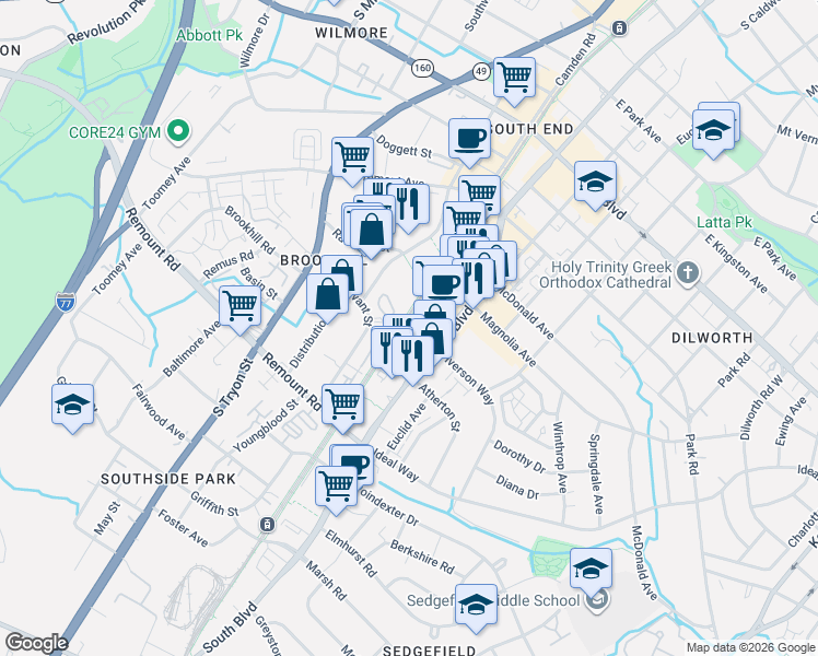 map of restaurants, bars, coffee shops, grocery stores, and more near 2300 South Boulevard in Charlotte