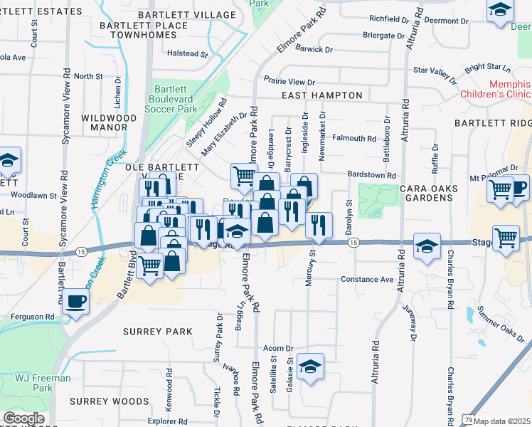 map of restaurants, bars, coffee shops, grocery stores, and more near 2966 Elmore Park Road in Memphis