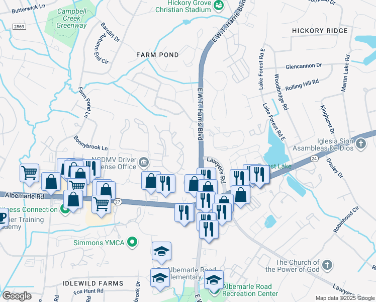 map of restaurants, bars, coffee shops, grocery stores, and more near 6904 Winding Cedar Trail in Charlotte