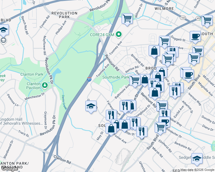 map of restaurants, bars, coffee shops, grocery stores, and more near in Charlotte