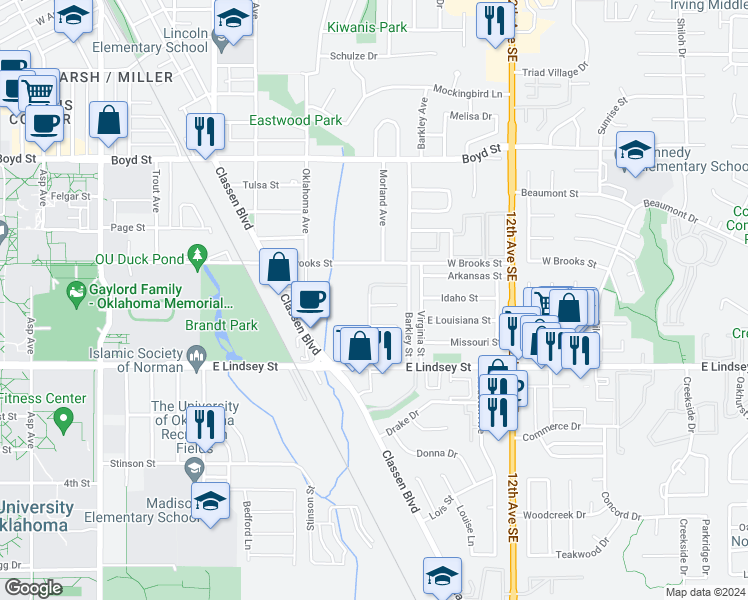 map of restaurants, bars, coffee shops, grocery stores, and more near 807 Russell Circle in Norman