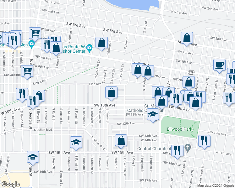 map of restaurants, bars, coffee shops, grocery stores, and more near 833 Parker Street in Amarillo