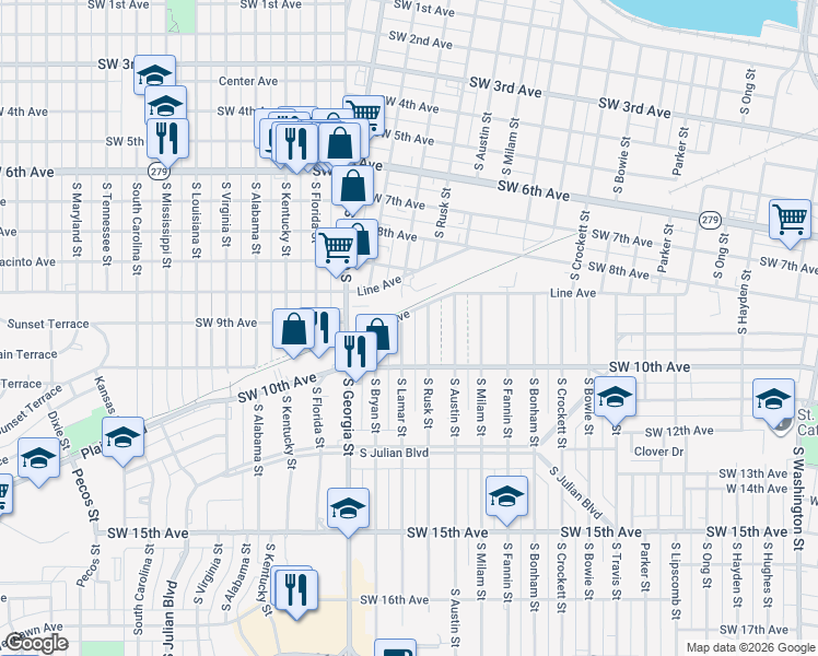 map of restaurants, bars, coffee shops, grocery stores, and more near 910 South Rusk Street in Amarillo