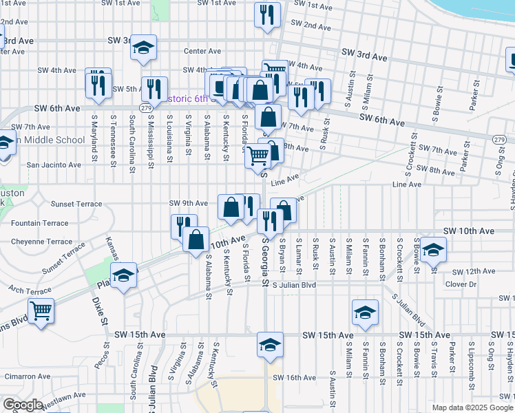 map of restaurants, bars, coffee shops, grocery stores, and more near 832 Georgia Street South in Amarillo