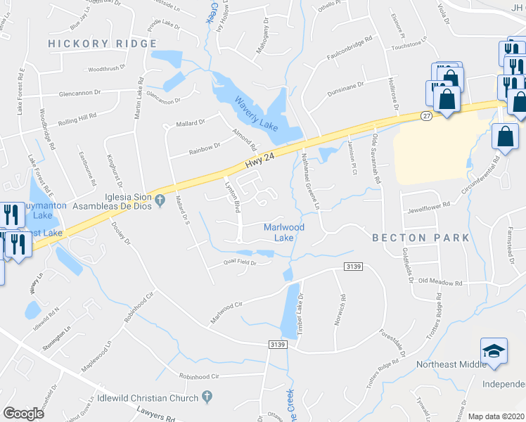 map of restaurants, bars, coffee shops, grocery stores, and more near in Charlotte