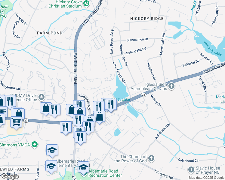 map of restaurants, bars, coffee shops, grocery stores, and more near 7257 Point Lake Drive in Charlotte