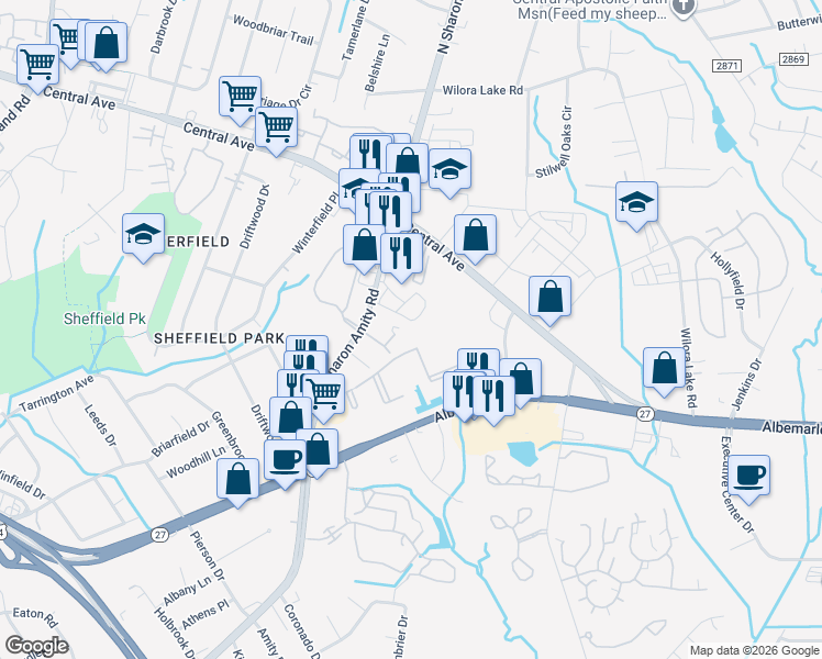 map of restaurants, bars, coffee shops, grocery stores, and more near 3117 Girard Court in Charlotte