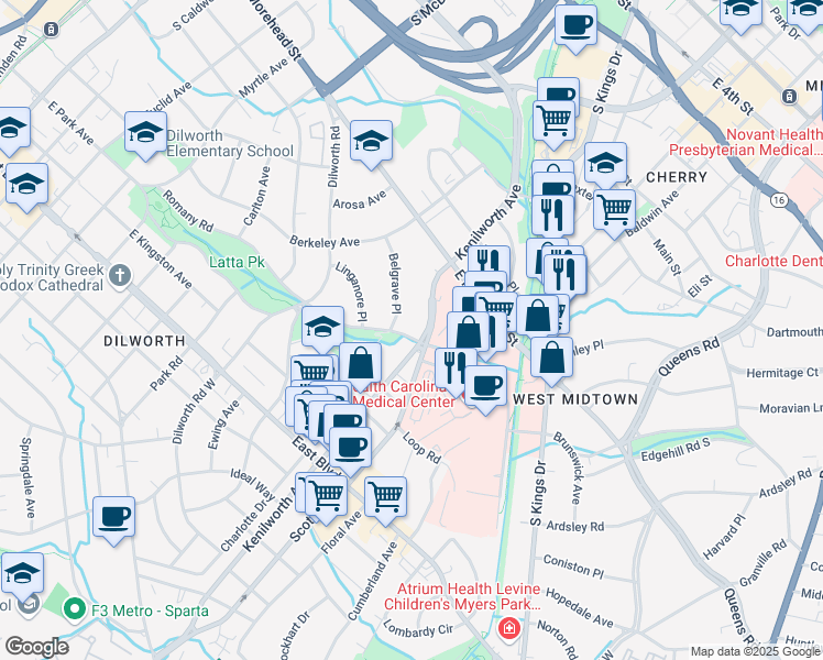 map of restaurants, bars, coffee shops, grocery stores, and more near 1206 Kenilworth Avenue in Charlotte