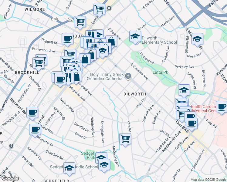map of restaurants, bars, coffee shops, grocery stores, and more near 1919 Winthrop Avenue in Charlotte