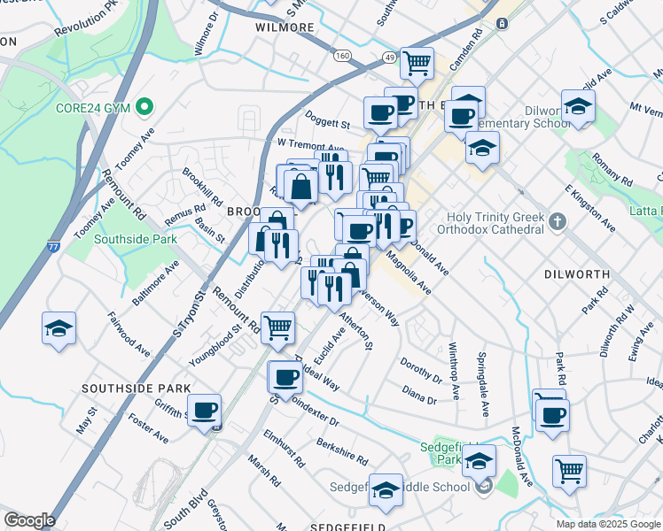 map of restaurants, bars, coffee shops, grocery stores, and more near 1606 Mainline Boulevard in Charlotte