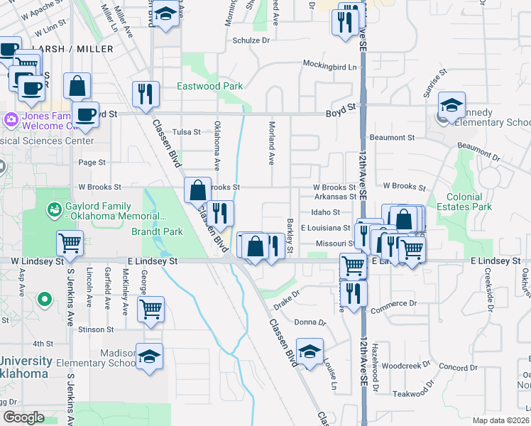 map of restaurants, bars, coffee shops, grocery stores, and more near 1886 Barkley Street in Norman