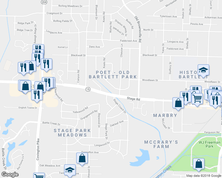 map of restaurants, bars, coffee shops, grocery stores, and more near 5367 Virgil Road in Bartlett