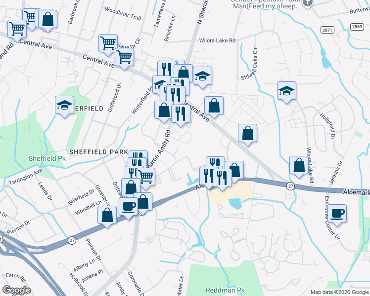 map of restaurants, bars, coffee shops, grocery stores, and more near 3117 Girard Court in Charlotte