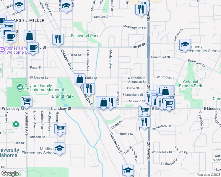map of restaurants, bars, coffee shops, grocery stores, and more near 1886 Barkley Street in Norman